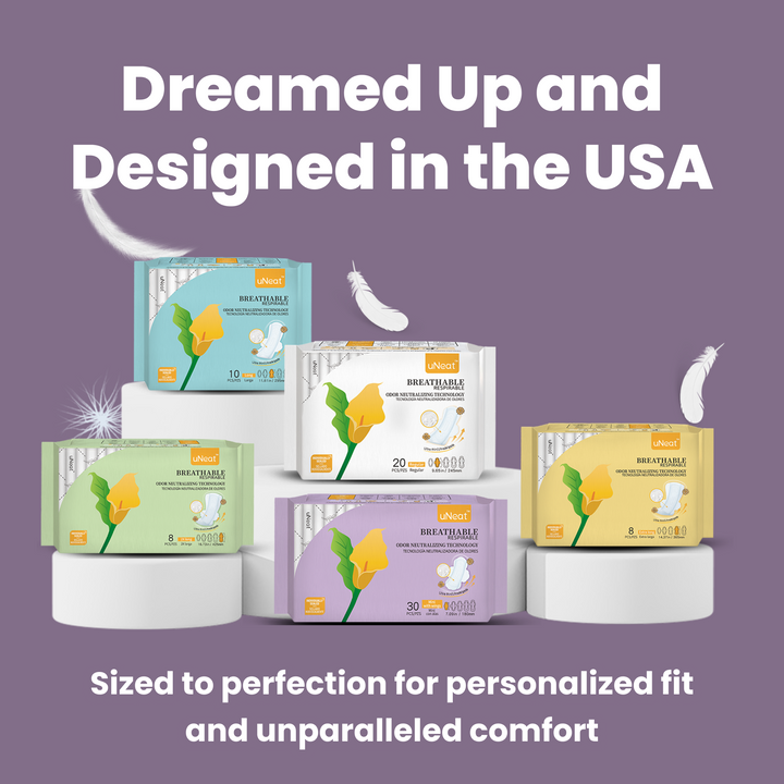 Close-up of uNeat Breathable Sanitary Pads in various sizes. purple background. Text on image: "Dreamed Up & Designed in the USA. Sized for Personalized Fit & Unparalleled Comfort.”