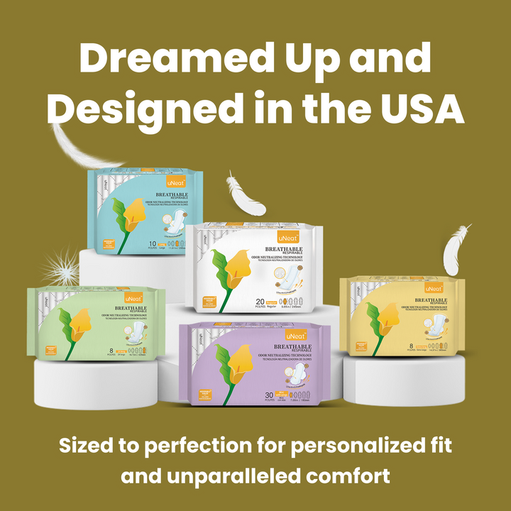 Close-up of uNeat Breathable Sanitary Pads in various sizes. Yellow background. Text on image: "Dreamed Up & Designed in the USA. Sized for Personalized Fit & Unparalleled Comfort.”