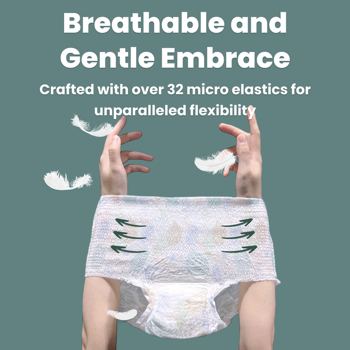 Model holding uNeat disposable period underwear with a light feather decoration. Text on the image reads "Breathable" and "Gentle Embrace." The underwear is described as crafted with over 32 micro elastic fibers for exceptional flexibility.