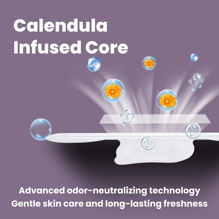 image of uNeat Breathable Sanitary Pads in purple background. The image showcases key features: Calendula infused core, advanced odor-neutralizing technology and gentle skin care and long-lasting freshness.