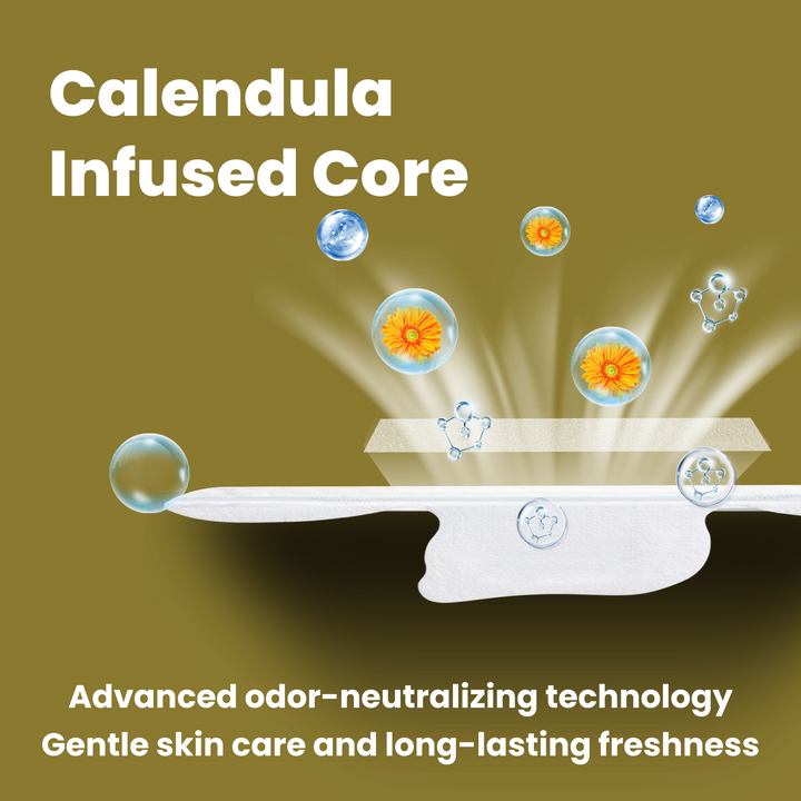 image of uNeat Breathable Sanitary Pads in yellow background. The image showcases key features: Calendula infused core, advanced odor-neutralizing technology and gentle skin care and long-lasting freshness.