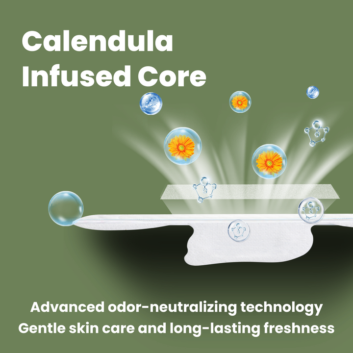 image of uNeat Breathable Sanitary Pads in green background. The image showcases key features: Calendula infused core, advanced odor-neutralizing technology and gentle skin care and long-lasting freshness.