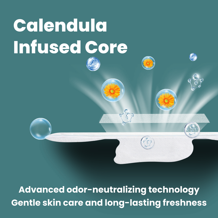 image of uNeat Breathable Sanitary Pads in blue background. The image showcases key features: Calendula infused core, advanced odor-neutralizing technology and gentle skin care and long-lasting freshness.