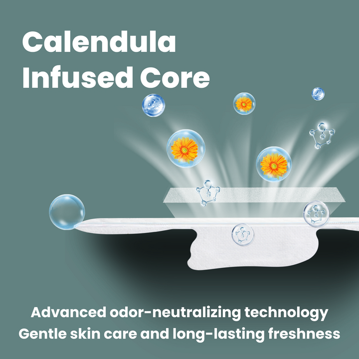 image of uNeat Breathable Sanitary Pads in green background. The image showcases key features: Calendula infused core, advanced odor-neutralizing technology and gentle skin care and long-lasting freshness.