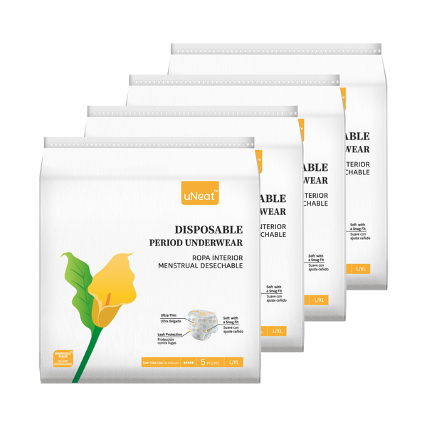 Four stacked packages of uNeat Ultra-Thin Disposable Period Underwear in L/XL size. The packaging features a green leaf logo with a yellow flower (uNeat flower logo) and displays product information on a white background.