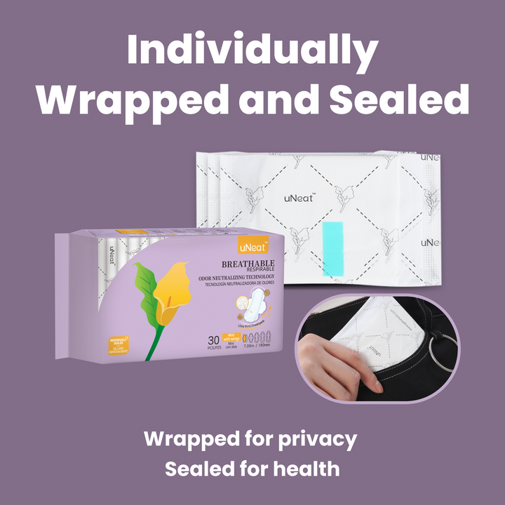 Close-up product photography of uNeat sanitary pads Mini with wings size, individually wrapped and sealed. Wrapped for privacy. Sealed for health