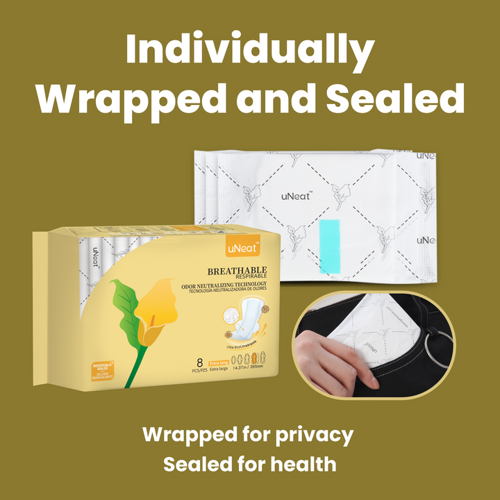 Close-up product photography of uNeat sanitary pads Extra Long size, individually wrapped and sealed. Wrapped for privacy. Sealed for health