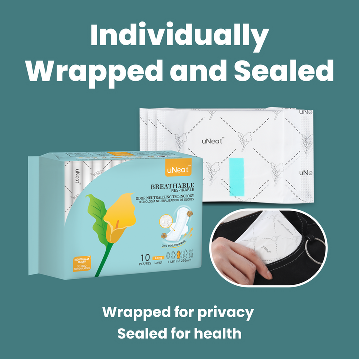 Close-up product photography of uNeat sanitary pads Long size, individually wrapped and sealed. Wrapped for privacy. Sealed for health