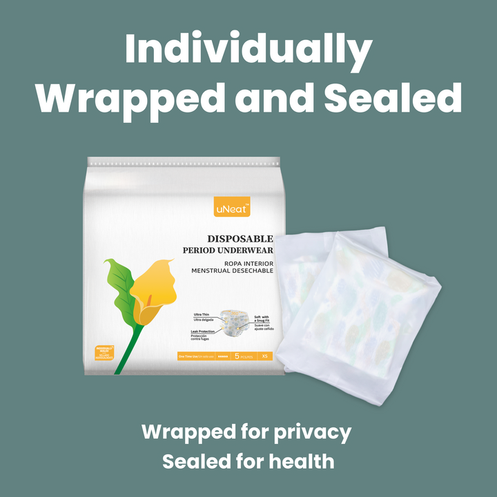 Close-up product photography of uNeat disposable period underwear, individually wrapped and sealed. Wrapped for privacy. Sealed for health