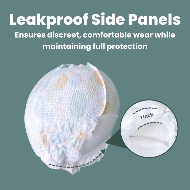 Close-up photo of uNeat Ultra-Thin Disposable Period Underwear. Text on the image highlights leakproof side panels for discretion, comfort, and full protection with a thin (1 inch)