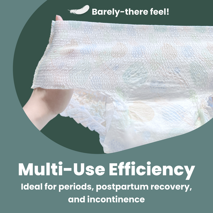 Model holding a uNeat Ultra-Thin Disposable Period Underwear against a green background, with text promoting its barely-there feel, multi-use efficiency for periods, postpartum recovery, and incontinence.