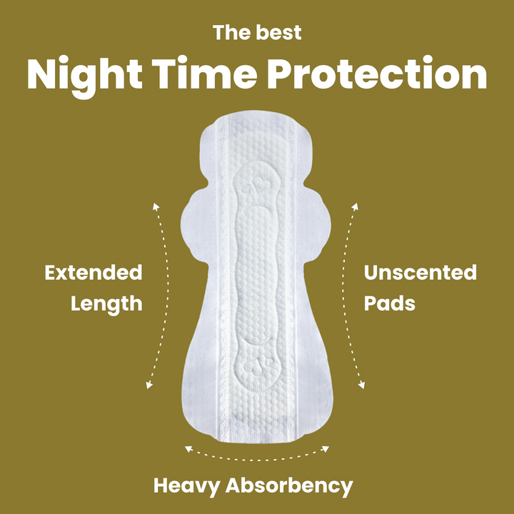 Image of uNeat Breathable Sanitary Pads on a yellow background. The image showcases key features: The best Night Time Protection with Extended Length, Unscented Pads and Heavey Absorbency. 