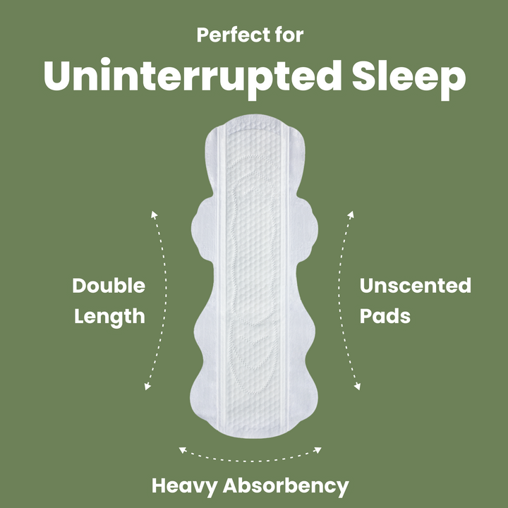 Image of uNeat Breathable Sanitary Pads on a green background. The image showcases key features: The best Night Time Protection with Extended Length, Unscented Pads and Heavey Absorbency. 