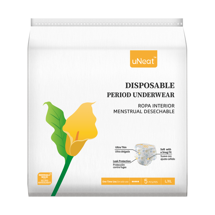 One package of uNeat Ultra-Thin Disposable Period Underwear in L/XL size. The packaging features a green leaf logo with a yellow flower (uNeat flower logo) and displays product information on a white background.