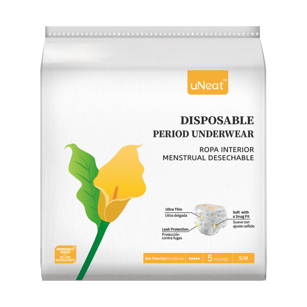 One package of uNeat Ultra-Thin Disposable Period Underwear in S/M size. The packaging features a green leaf logo with a yellow flower (uNeat flower logo) and displays product information on a white background.