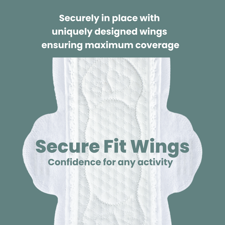 Image of uNeat Breathable Sanitary Pads on a blue background. Text: Secure Fit Wings confidence for any activity. Securely in place with uniquely designed wings ensuring maximum coverage