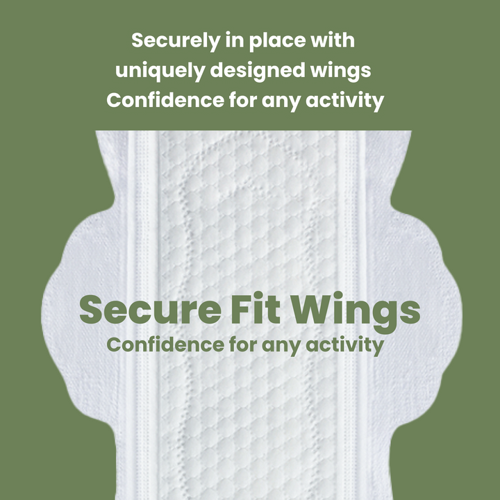 Image of uNeat Breathable Sanitary Pads on a green background. Text: Secure Fit Wings confidence for any activity. Securely in place with uniquely designed wings ensuring maximum coverage