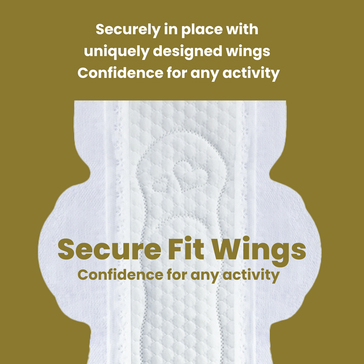 Image of uNeat Breathable Sanitary Pads on a yellow background. Text: Secure Fit Wings confidence for any activity. Securely in place with uniquely designed wings ensuring maximum coverage