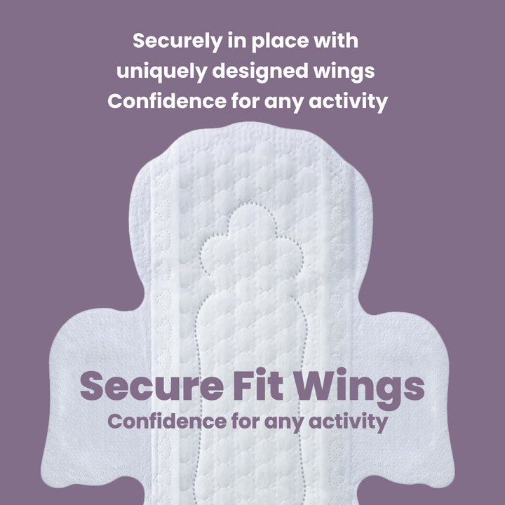 Image of uNeat Breathable Sanitary Pads on a purple background. Text: Secure Fit Wings confidence for any activity. Securely in place with uniquely designed wings ensuring maximum coverage