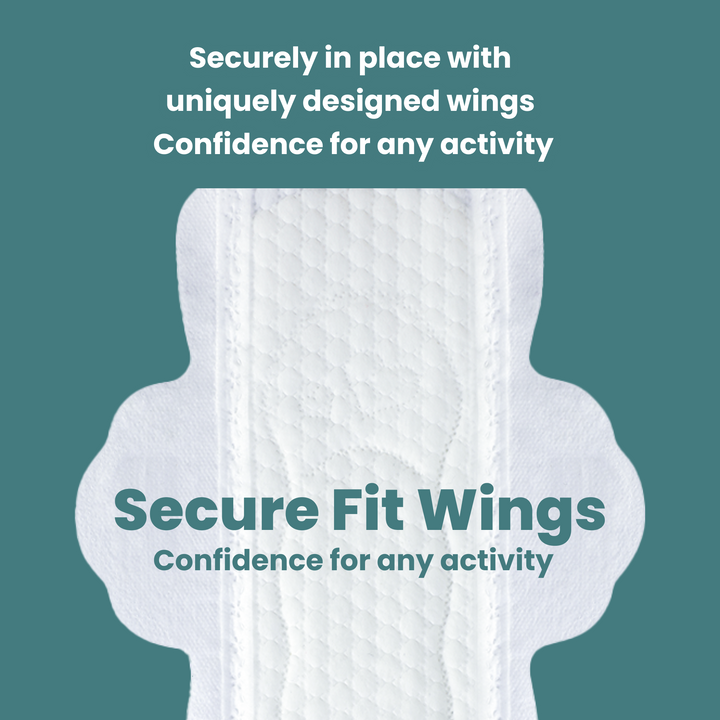 Image of uNeat Breathable Sanitary Pads on a blue background. Text: Secure Fit Wings confidence for any activity. Securely in place with uniquely designed wings ensuring maximum coverage