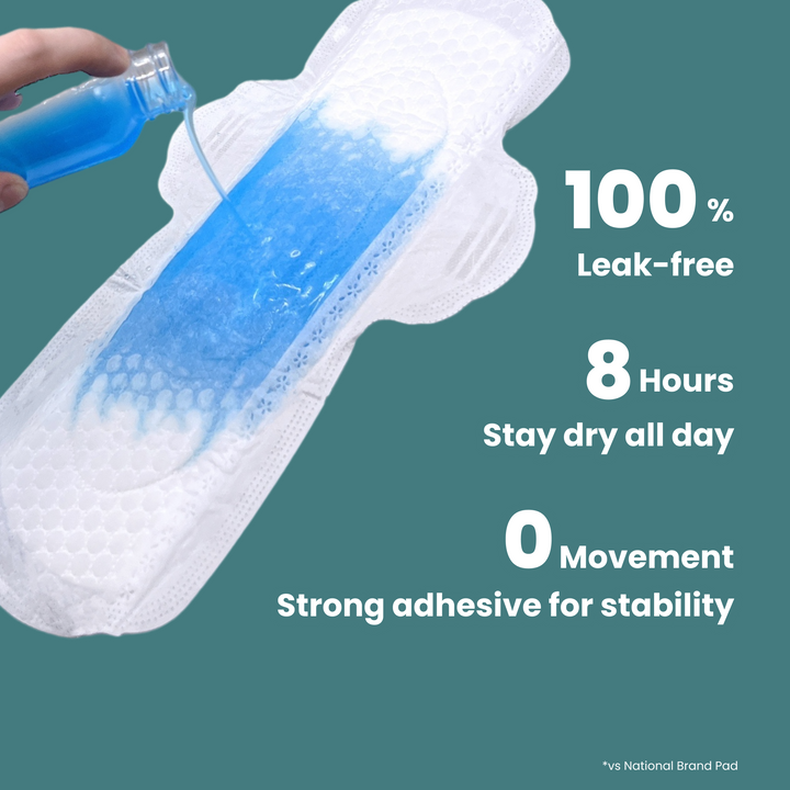 Image of uNeat Breathable Sanitary Pads on a green background. Text highlights the product's benefit: "Leakproof Confidence All Day Long." The image depicts a blue water bottle pouring onto a sanitary pad, symbolizing up to 8 hours of dryness and worry-free movement thanks to ultra-adhesive technology.