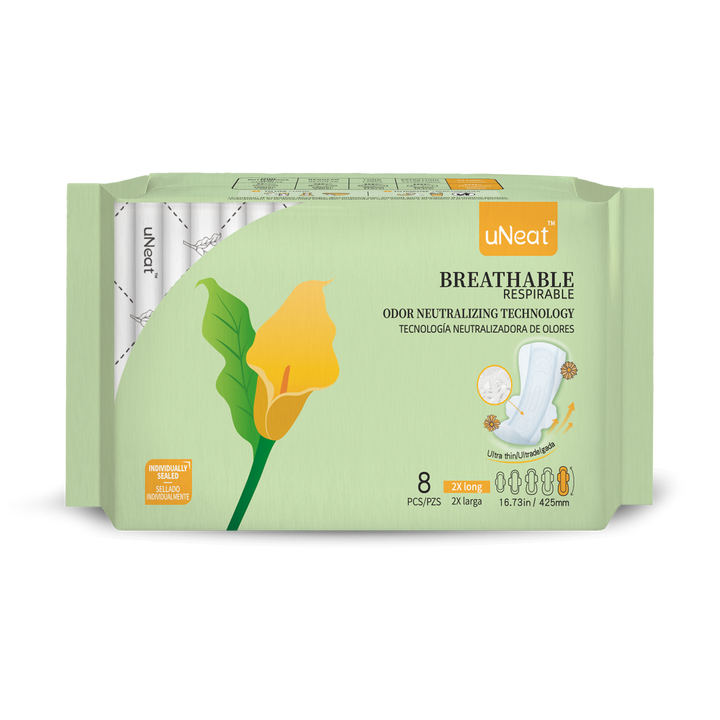 One green package of uNeat Breathable Sanitary pads with Odor Neutralizing Technology. Ultra thin, 8 count, 2X Long size (16.73 in / 425 mm). The green packaging features a green leaf logo with a yellow flower (uNeat flower logo).