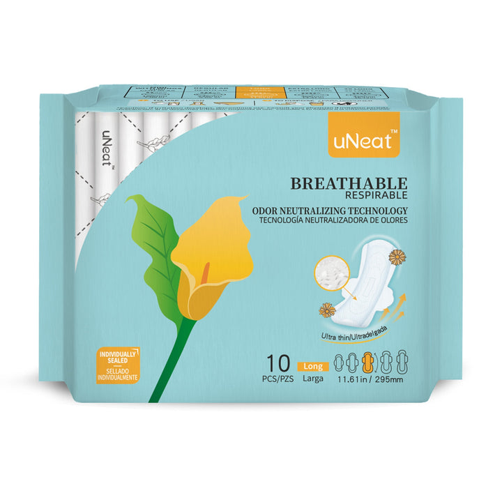 One blue package of uNeat Breathable Sanitary pads with Odor Neutralizing Technology. Ultra thin, 10 count, Long size (11.61 in / 295 mm). The blue packaging features a green leaf logo with a yellow flower (uNeat flower logo).