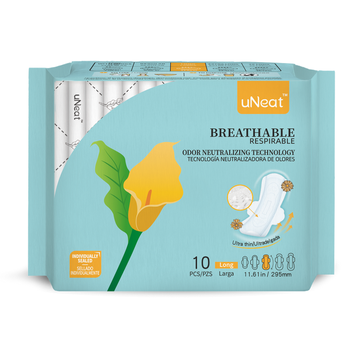 One blue package of uNeat Breathable Sanitary pads with Odor Neutralizing Technology. Ultra thin, 10 count, Long size (11.61 in / 295 mm). The blue packaging features a green leaf logo with a yellow flower (uNeat flower logo).