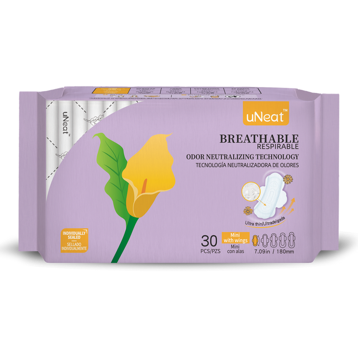 One purple package of uNeat Breathable Sanitary pads with Odor Neutralizing Technology. Ultra thin, 30 count, Regular size (7.09 in / 180 mm). The purple packaging features a green leaf logo with a yellow flower (uNeat flower logo).