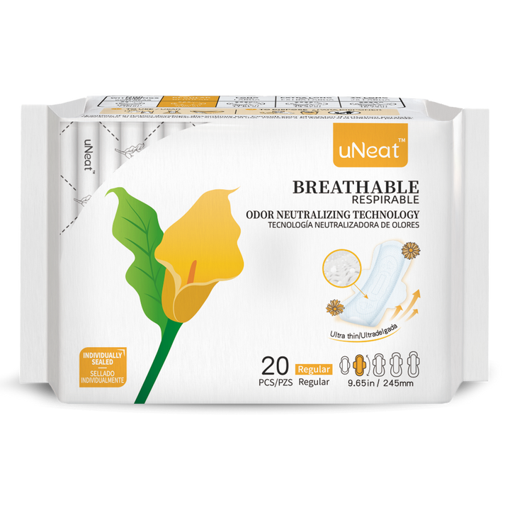 One white package of uNeat Breathable Sanitary pads with Odor Neutralizing Technology. Ultra thin, 20 count, Regular size (9.65 in / 245 mm). The white packaging features a green leaf logo with a yellow flower (uNeat flower logo).