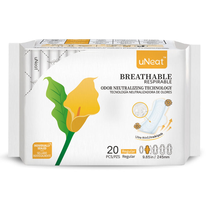 One white package of uNeat Breathable Sanitary pads with Odor Neutralizing Technology. Ultra thin, 20 count, Regular size (9.65 in / 245 mm). The white packaging features a green leaf logo with a yellow flower (uNeat flower logo).