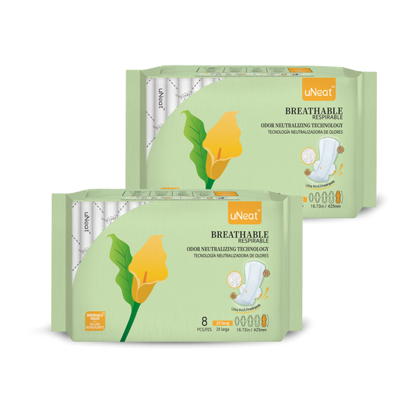 Two green packages of uNeat Breathable Sanitary pads with Odor Neutralizing Technology. Ultra thin, 8 count, 2X Long size (16.73 in / 425 mm). The green packaging features a green leaf logo with a yellow flower (uNeat flower logo).