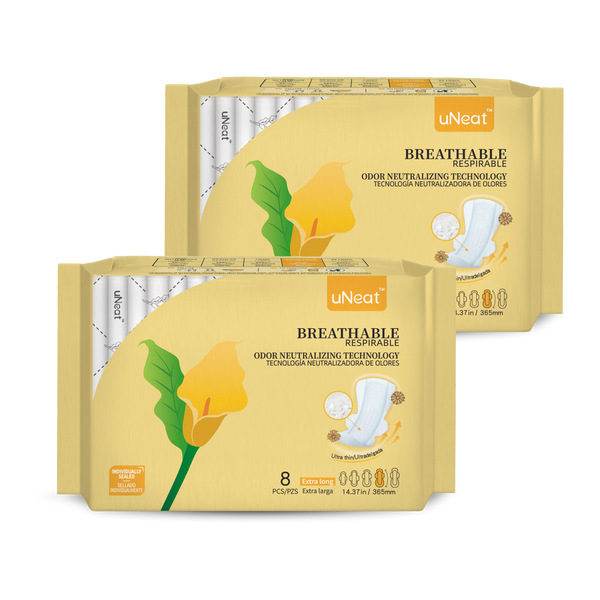 Two yellow packages of uNeat Breathable Sanitary pads with Odor Neutralizing Technology. Ultra thin, 8 count, Extra long size (14.37 in / 365 mm). The yellow packaging features a green leaf logo with a yellow flower (uNeat flower logo).