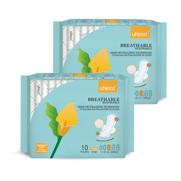 Two blue packages of uNeat Breathable Sanitary pads with Odor Neutralizing Technology. Ultra thin, 10 count, Long size (11.61 in / 295 mm). The blue packaging features a green leaf logo with a yellow flower (uNeat flower logo).