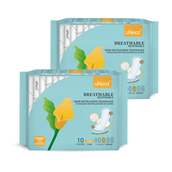 Two blue packages of uNeat Breathable Sanitary pads with Odor Neutralizing Technology. Ultra thin, 10 count, Long size (11.61 in / 295 mm). The blue packaging features a green leaf logo with a yellow flower (uNeat flower logo).