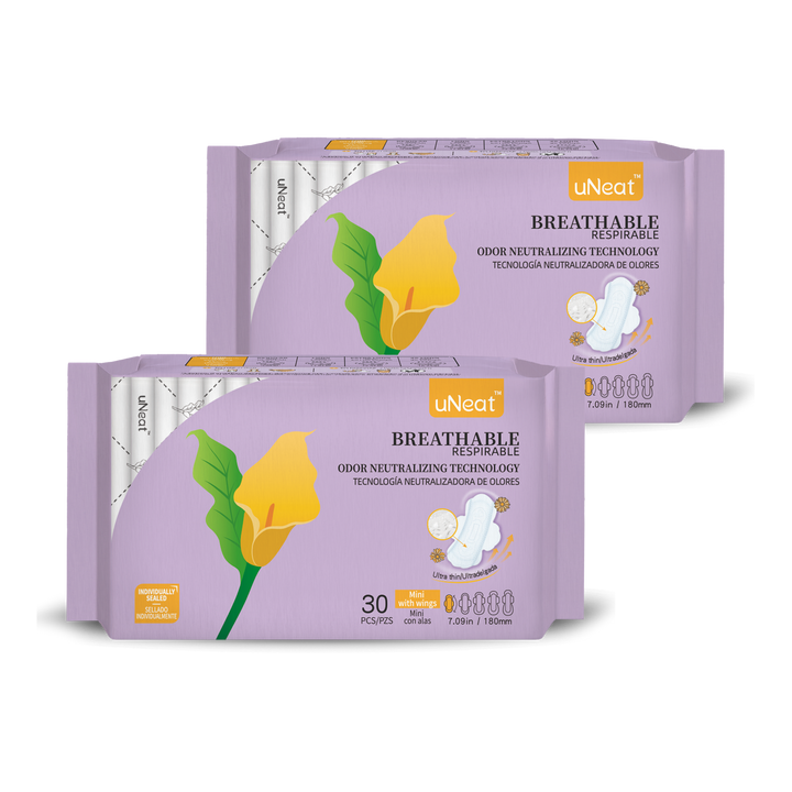 Two purple packages of uNeat Breathable Sanitary pads with Odor Neutralizing Technology. Ultra thin, 30 count, Regular size (7.09 in / 180 mm). The purple packaging features a green leaf logo with a yellow flower (uNeat flower logo).