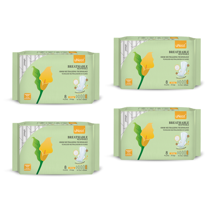 Four green packages of uNeat Breathable Sanitary pads with Odor Neutralizing Technology. Ultra thin, 8 count, 2X Long size (16.73 in / 425 mm). The green packaging features a green leaf logo with a yellow flower (uNeat flower logo).