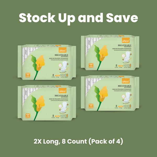 Stock Up and Save - Four green packages of uNeat Breathable Sanitary Pads with Odor Neutralizing Technology (6-pack sale - check Website for details). Ultra thin, 8 count, and come in a 2X Long size (16.73 in / 425 mm). The green packaging features a green leaf logo with a yellow flower (uNeat flower logo).