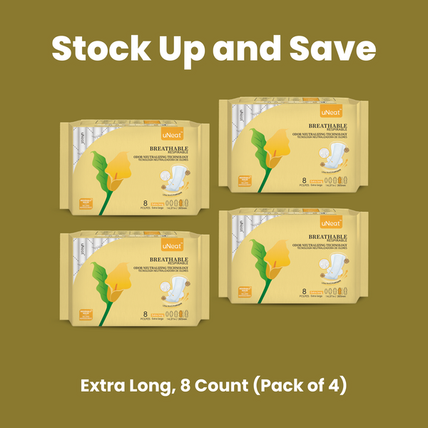 Stock Up and Save - Four yellow packages of uNeat Breathable Sanitary Pads with Odor Neutralizing Technology (6-pack sale - check Website for details). Ultra thin, 8 count, and come in a Extra Long size (14.37 in / 365 mm). The yellow packaging features a green leaf logo with a yellow flower (uNeat flower logo).