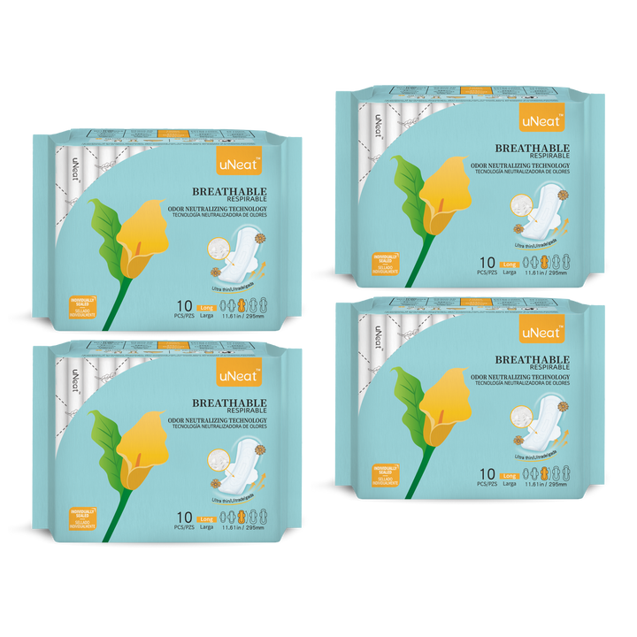 Four blue packages of uNeat Breathable Sanitary pads with Odor Neutralizing Technology. Ultra thin, 10 count, Long size (11.61 in / 295 mm). The blue packaging features a green leaf logo with a yellow flower (uNeat flower logo).