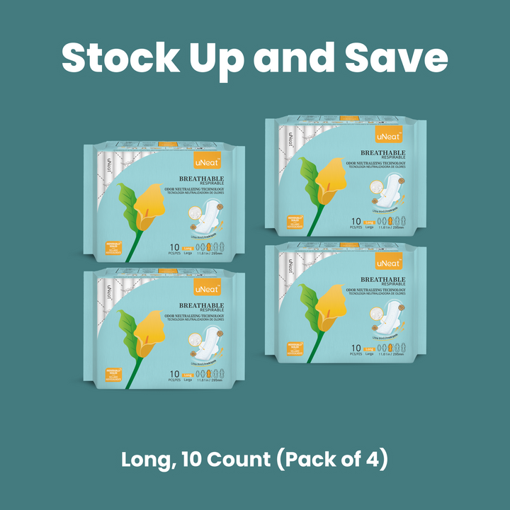 Stock Up and Save - Four blue packages of uNeat Breathable Sanitary Pads with Odor Neutralizing Technology (6-pack sale - check Website for details). Ultra thin, 10 count, and come in a Long size (11.61 in / 295 mm). The blue packaging features a green leaf logo with a yellow flower (uNeat flower logo).