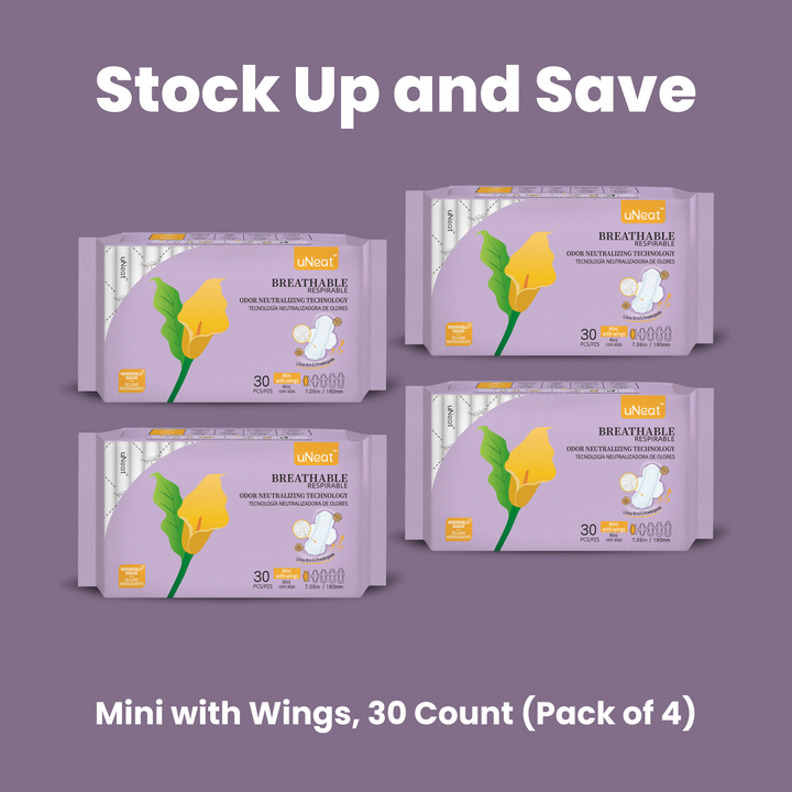 Stock Up and Save - Four purple packages of uNeat Breathable Sanitary Pads with Odor Neutralizing Technology (6-pack sale - check Website for details). Ultra thin, 30 count, and come in a Mini with Wings  size (7.09 in / 180 mm). The purple packaging features a green leaf logo with a yellow flower (uNeat flower logo).