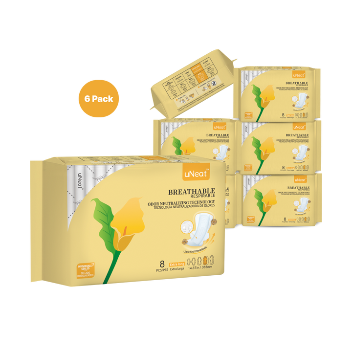 Six yellow packages of uNeat Breathable Sanitary Pads with Odor Neutralizing Technology (6-pack sale - check Website for details). Ultra thin, 8 count, and come in a Extra Long size (14.37 in / 365 mm). The yellow packaging features a green leaf logo with a yellow flower (uNeat flower logo).