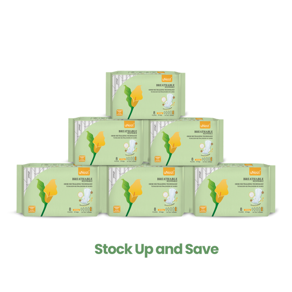 Six green packages of uNeat Breathable Sanitary Pads with Odor Neutralizing Technology (6-pack sale - check Website for details). Ultra thin, 8 count, and come in a 2X Long size (16.73 in / 425 mm). The green packaging features a green leaf logo with a yellow flower (uNeat flower logo).