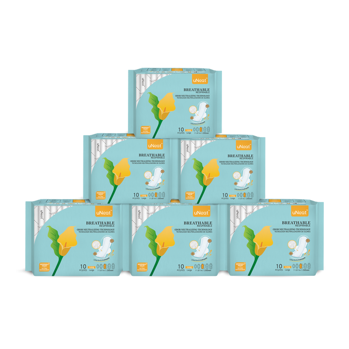 Six blue packages of uNeat Breathable Sanitary Pads with Odor Neutralizing Technology (6-pack sale - check Website for details). Ultra thin, 10 count, and come in a Long size (11.61 in / 295 mm). The blue packaging features a green leaf logo with a yellow flower (uNeat flower logo).