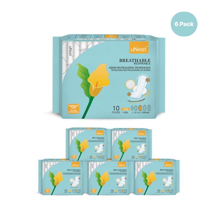 Six blue packages of uNeat Breathable Sanitary Pads with Odor Neutralizing Technology (6-pack sale - check Website for details). Ultra thin, 10 count, and come in a Long size (11.61 in / 295 mm). The blue packaging features a green leaf logo with a yellow flower (uNeat flower logo).