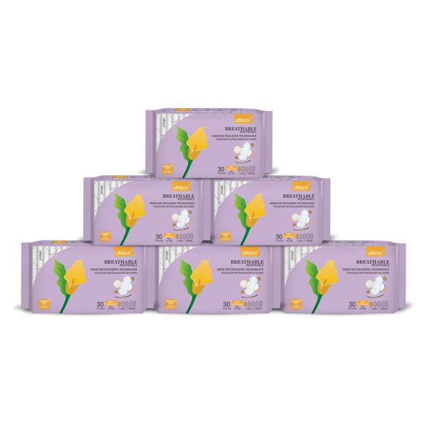 Six purple packages of uNeat Breathable Sanitary Pads with Odor Neutralizing Technology (6-pack sale - check Website for details). Ultra thin, 30 count, and come in a **Mini with Wings**  size (7.09 in / 180 mm). The purple packaging features a green leaf logo with a yellow flower (uNeat flower logo).