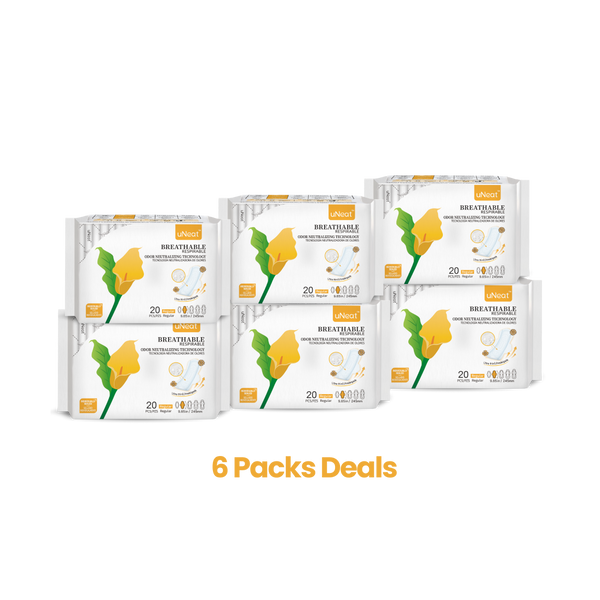 Six white packages of uNeat Breathable Sanitary Pads with Odor Neutralizing Technology (6-pack sale - check Website for details). Ultra thin, 20 count, and come in a 2X Long size (9.65 in / 245 mm). The white packaging features a green leaf logo with a yellow flower (uNeat flower logo).