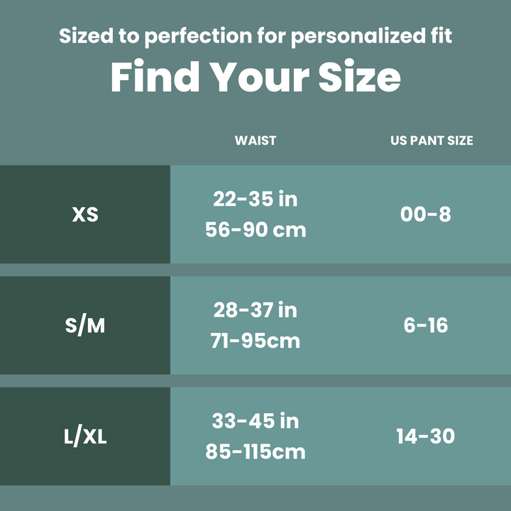 close-up of uNeat Disposable Period Underwear size chart. The chart features a green background and is titled "Sized to perfection for personalized fit." It displays three columns for sizes XS, S/M, and L/XL. Each column is labeled with "Waist" in inches and centimeters, along with "US Pant Size." The size chart details the following: XS (waist 22-35 in / 56-90 cm; US pant size 00-8), S/M (waist 28-37 in / 71-95 cm; US pant size 6-16), and XL (waist 33-45 in / 85-115 cm; US pant size 14-30).