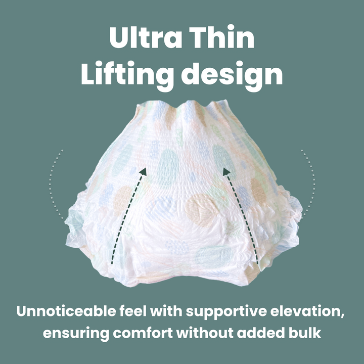 Image of uNeat Disposable Period Underwear on a green background. The image showcases key features: Ultra-Thin Lifting Design for Discreet Comfort.  Experience a barely-there feel with our ultra-thin, lifting design.  Provides supportive elevation for comfort without added bulk